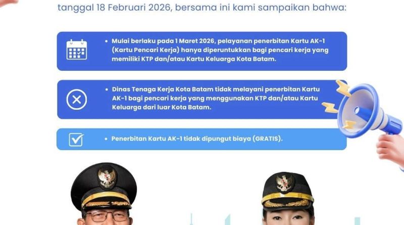 Mulai 1 Maret 2026, Layanan Kartu Pencari Kerja Hanya untuk Warga Ber-KTP Batam