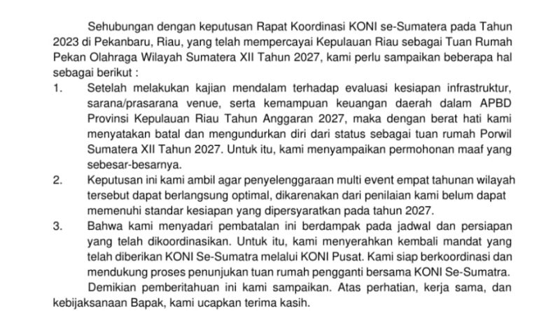 Kepri Mundur dari Tuan Rumah Porwil XII Sumatera 2027, SIWO PWI Kepri Soroti Perencanaan Olahraga Daerah
