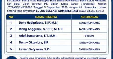 5 Calon Komisaris PT. Bintan Karya Bahari (Perseroda) Ditetapkan, Pendaftaran Dirut Masih Diperpanjang 5 Calon Komisaris PT. Bintan Karya Bahari (Perseroda) Ditetapkan, Pendaftaran Dirut Masih Diperpanjang