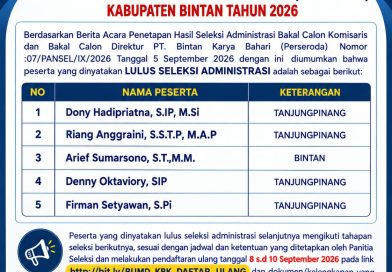 5 Calon Komisaris PT. Bintan Karya Bahari (Perseroda) Ditetapkan, Pendaftaran Dirut Masih Diperpanjang 5 Calon Komisaris PT. Bintan Karya Bahari (Perseroda) Ditetapkan, Pendaftaran Dirut Masih Diperpanjang
